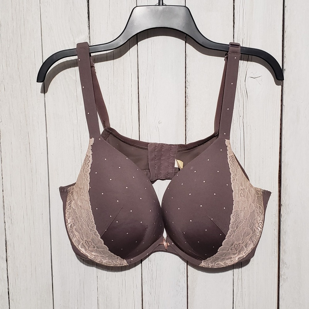 Cacique Bra 42DD Boost Plunge Taupe Pink Lace Dot Padded Underwire‎